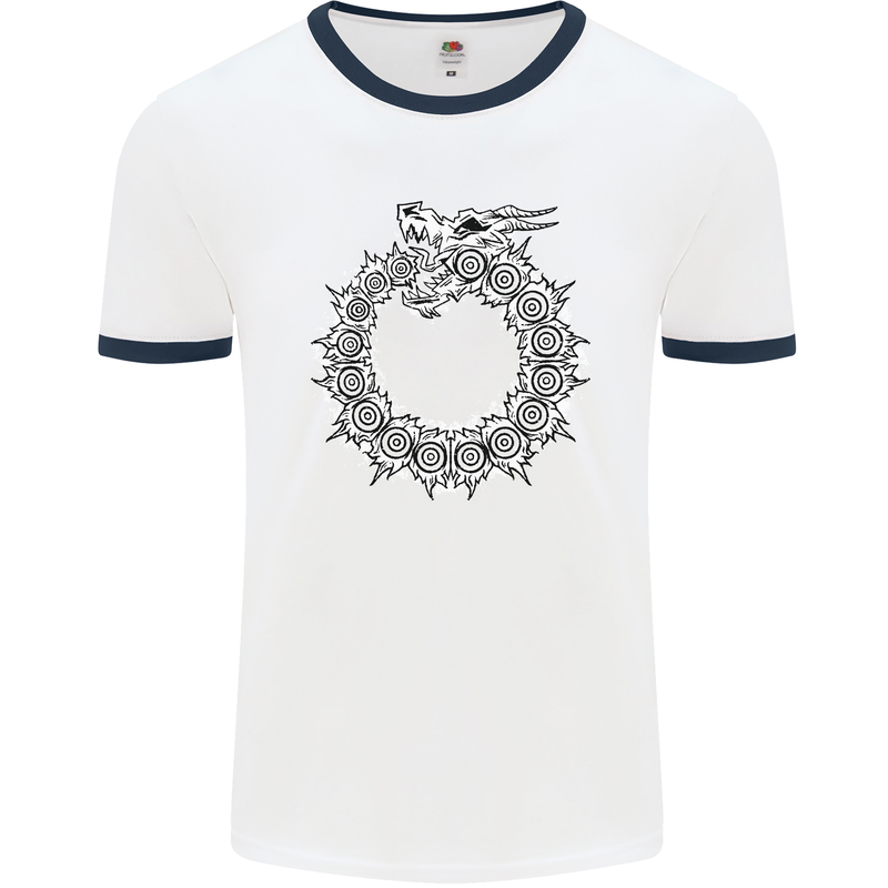 Dragon Symbol Fantasy Chinese Japanese Mens White Ringer T-Shirt White/Navy Blue