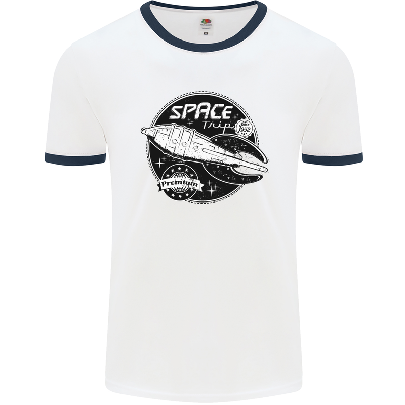 Space Trip Rocket Ship Astronaut Mens White Ringer T-Shirt White/Navy Blue