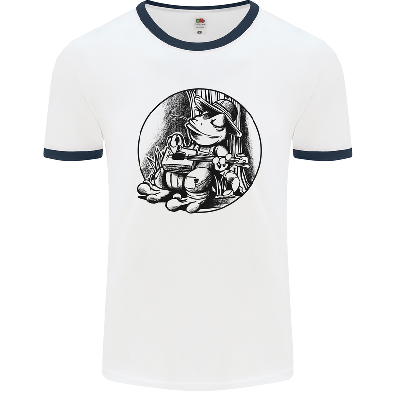 A Chilled Frog Playing the Guitar Guitarist Mens White Ringer T-Shirt White/Navy Blue