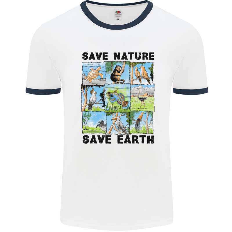 Save Nature Save Earth Ecology Environment Mens White Ringer T-Shirt White/Navy Blue