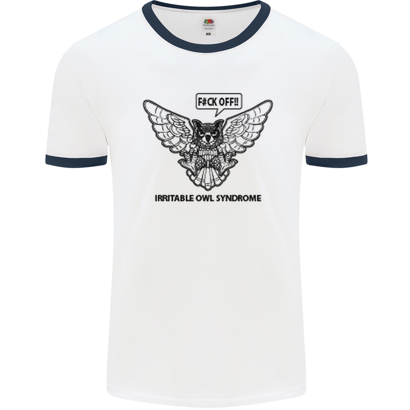 Irritable Owl Syndrome Bowel IBS Funny Mens White Ringer T-Shirt White/Navy Blue