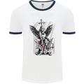St. Michael Killing the Devil Christian God Mens White Ringer T-Shirt White/Navy Blue