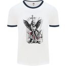 St. Michael Killing the Devil Christian God Mens White Ringer T-Shirt White/Navy Blue