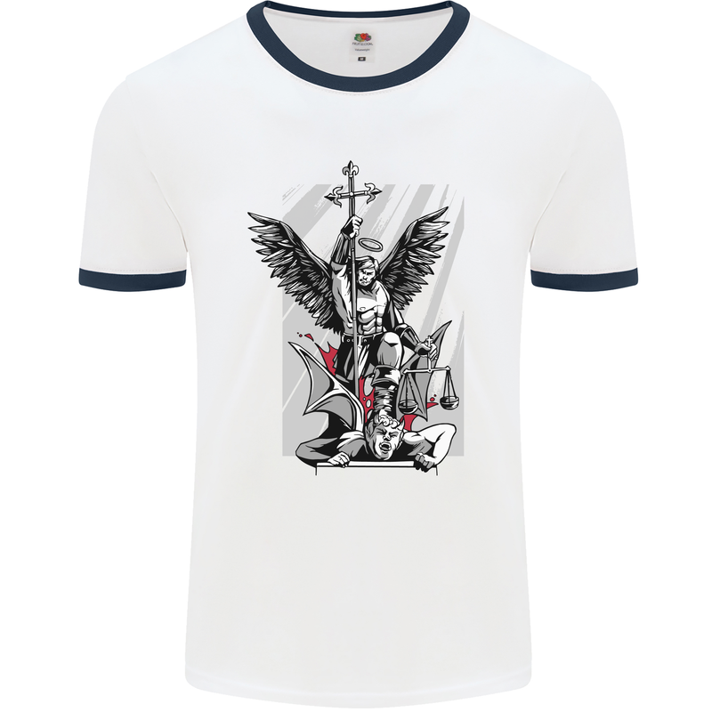 St. Michael Killing the Devil Christian God Mens White Ringer T-Shirt White/Navy Blue