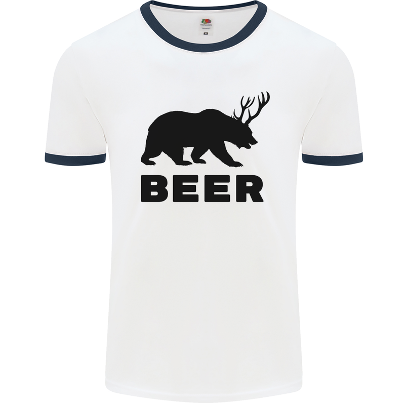 Beer Bear Funny Animal Alcohol Mens White Ringer T-Shirt White/Navy Blue