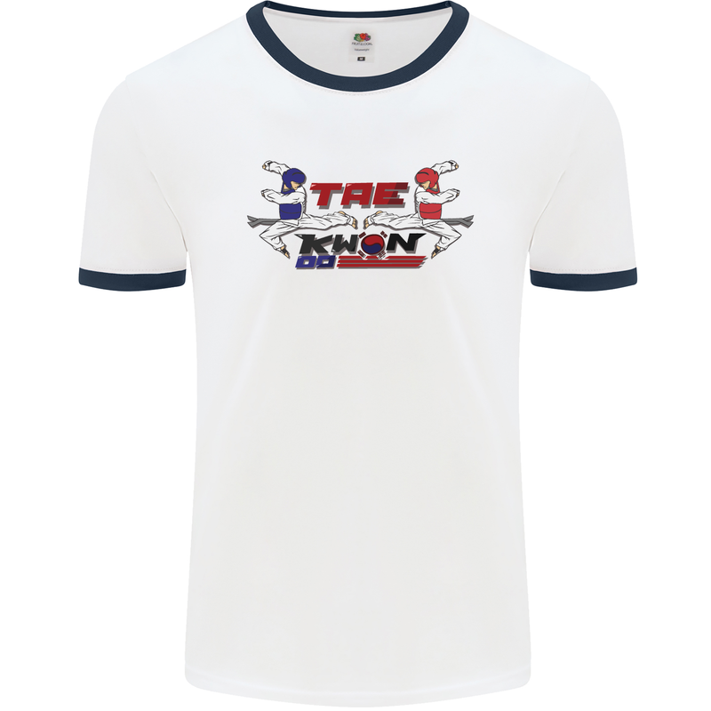 Taekwondo Fighter Mixed Martial Arts MMA Mens White Ringer T-Shirt White/Navy Blue