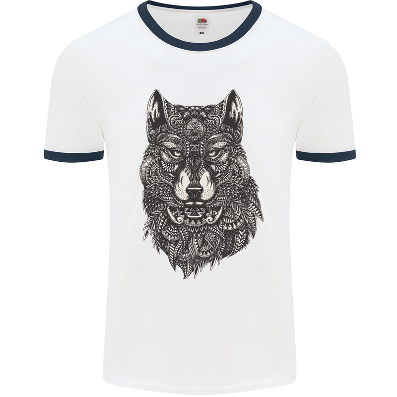 Abstract Dog Mandala Art Mens White Ringer T-Shirt White/Navy Blue