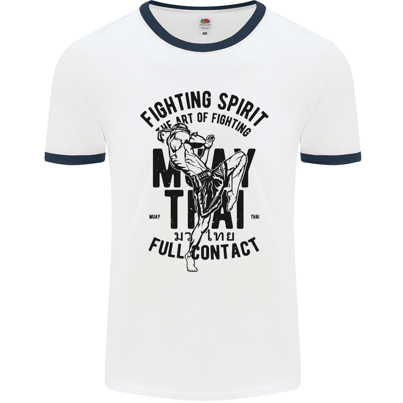 Muay Thai Full Contact Martial Arts MMA Mens White Ringer T-Shirt White/Navy Blue