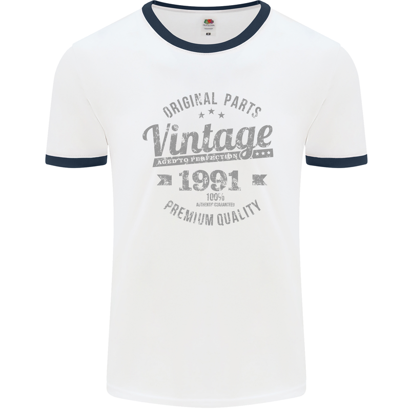 Vintage Year 32nd Birthday 1991 Mens Ringer T-Shirt White/Navy Blue