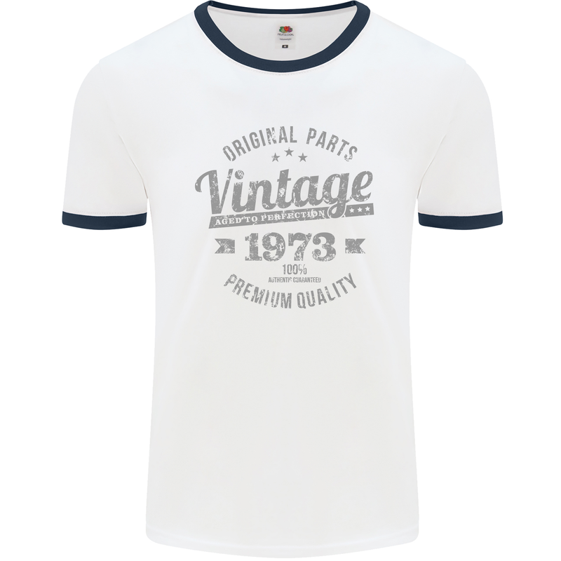 Vintage Year 50th Birthday 1973 Mens Ringer T-Shirt White/Navy Blue