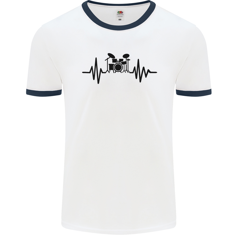 Drum Kit Pulse ECG Drummer Drumming Drum Mens White Ringer T-Shirt White/Navy Blue