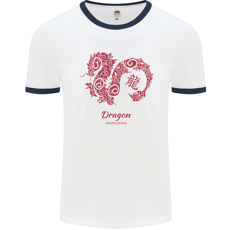 Chinese Zodiac Shengxiao Year of the Dragon Mens White Ringer T-Shirt White/Navy Blue