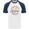 50th Birthday 50 Year Old Awesome Looks Like Mens S/S Baseball T-Shirt White/Navy Blue