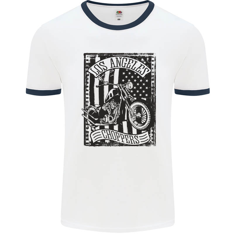 LA Choppers Motorcycle Motorbike Biker Mens White Ringer T-Shirt White/Navy Blue