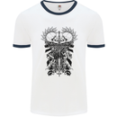 Savage Two Punk Skulls Biker Motorbike Mens White Ringer T-Shirt White/Navy Blue