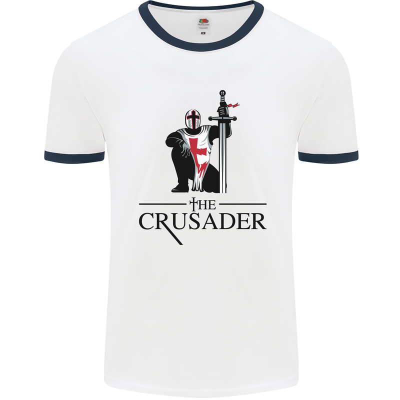 The Cusader Knights Templar St Georges Day Mens White Ringer T-Shirt White/Navy Blue