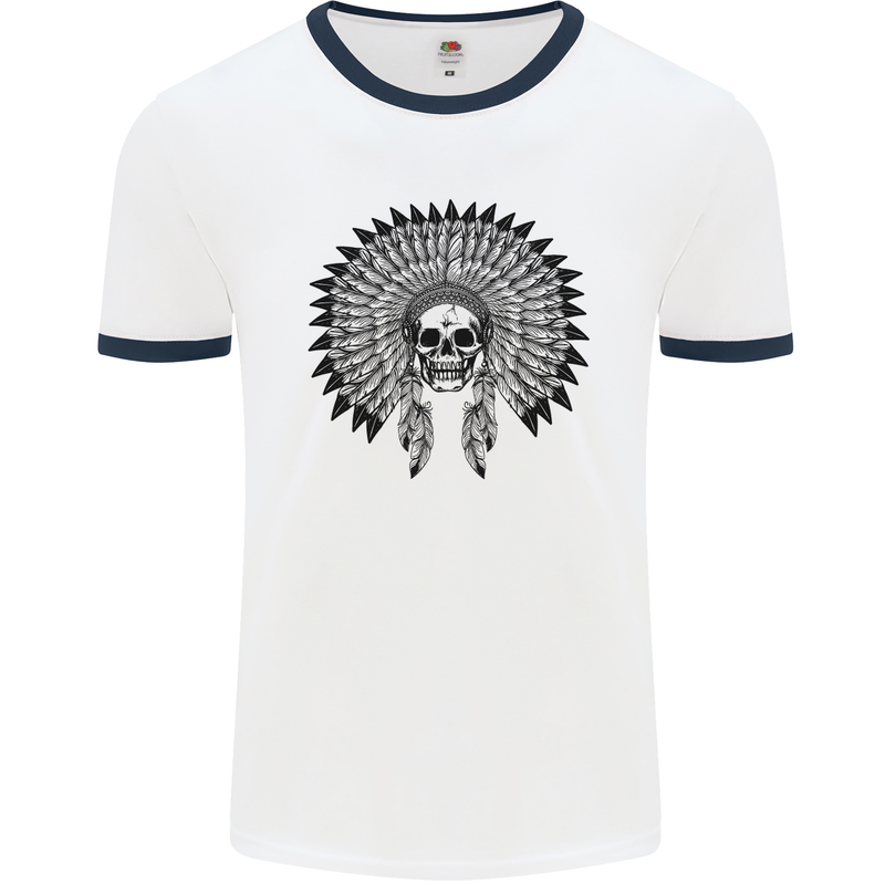 Indian Skull Headdress Biker Motorcycle Mens White Ringer T-Shirt White/Navy Blue