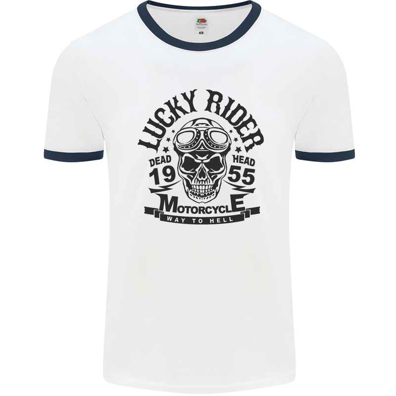 Lucky Rider Dead Head Motorbike Biker Mens White Ringer T-Shirt White/Navy Blue