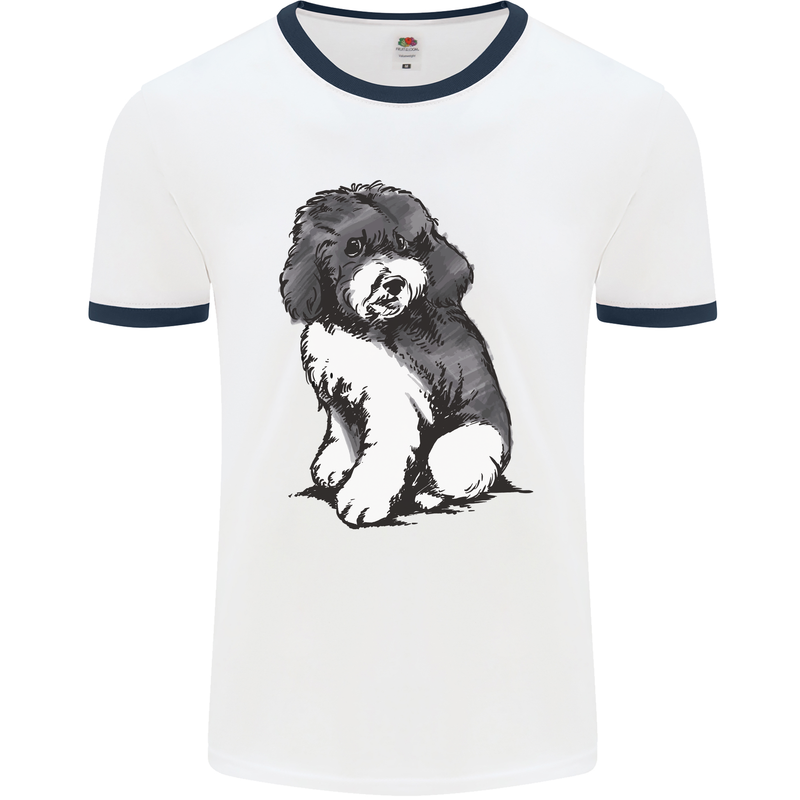 Harlequin Poodle Sketch Mens White Ringer T-Shirt White/Navy Blue