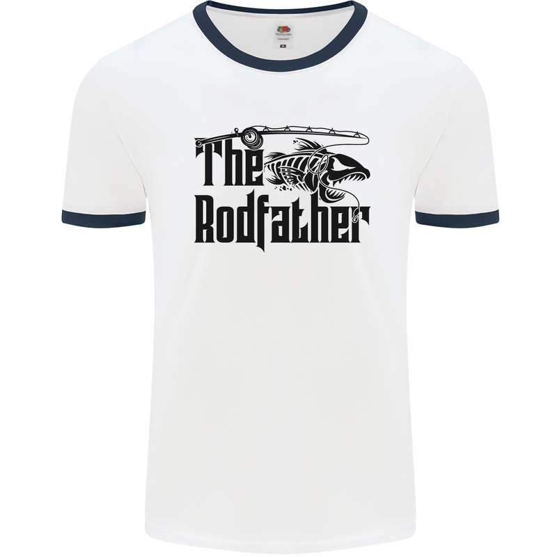 The Rodfather Funny Fishing Rod Father Mens White Ringer T-Shirt White/Navy Blue