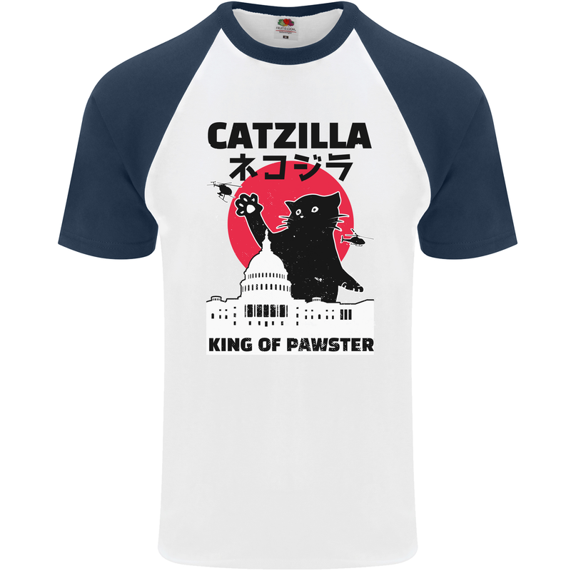 Catzilla Funny Cat Parody Mens S/S Baseball T-Shirt White/Navy Blue