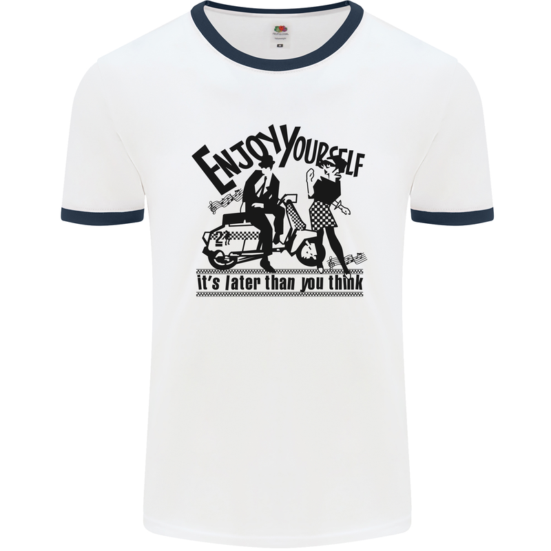 2Tone Enjoy Yourself 2 Tone SKA Music Mens White Ringer T-Shirt White/Navy Blue