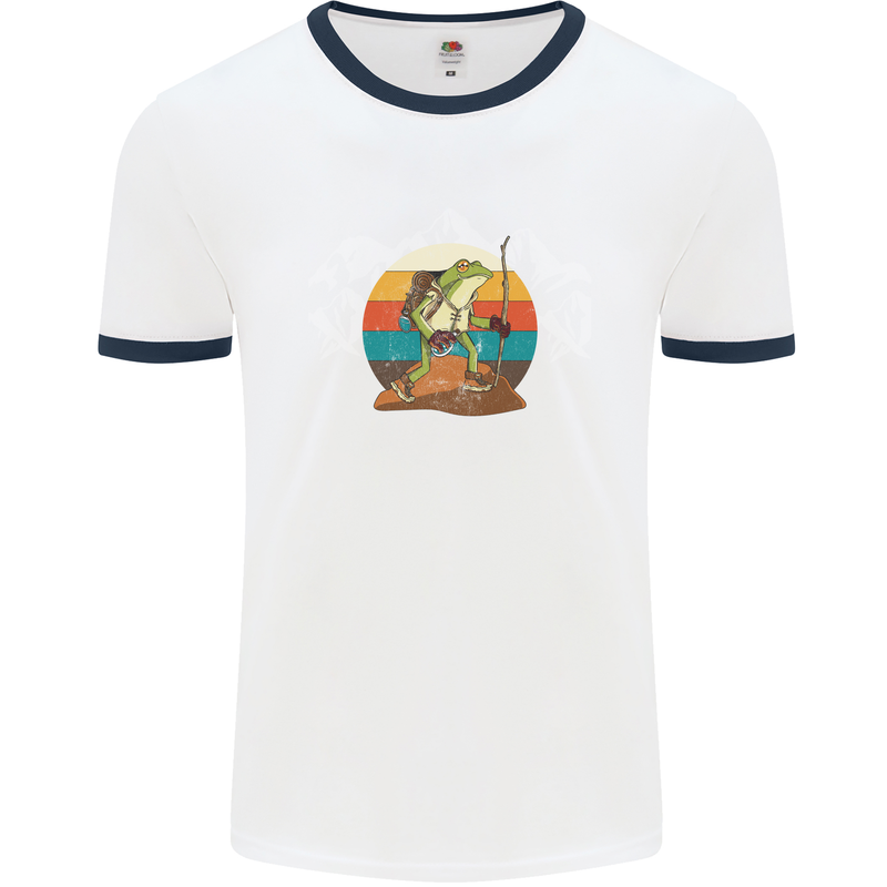 A Frog Hiking in the Mountains Trekking Mens White Ringer T-Shirt White/Navy Blue