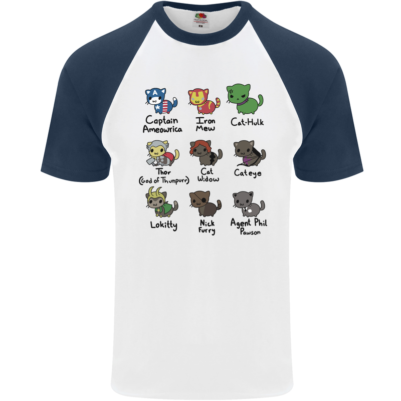 Funny Cat Superheroes Mens S/S Baseball T-Shirt White/Navy Blue