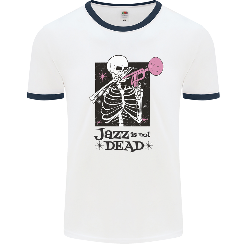 Jazz is Not Dead Skeleton Mens White Ringer T-Shirt White/Navy Blue