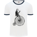 Cycling a Frog Riding a Penny Farthing Mens White Ringer T-Shirt White/Navy Blue