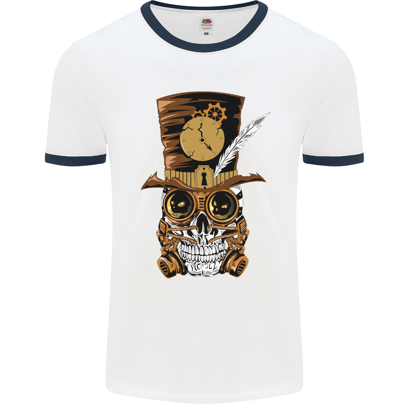 Steampunk Skull Mens White Ringer T-Shirt White/Navy Blue