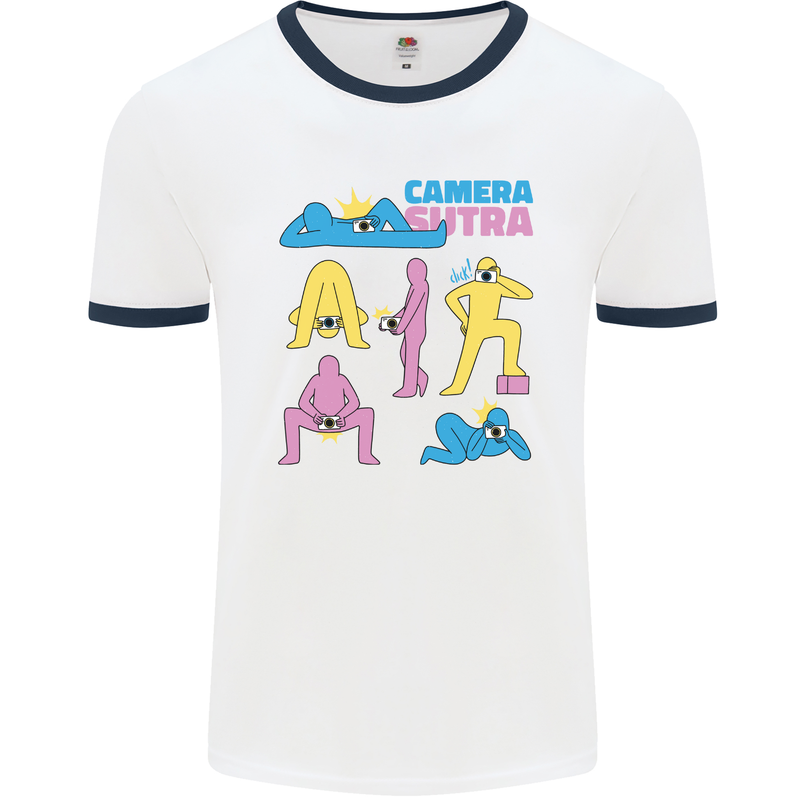 Camera Sutra Photography Photographer Funny Mens White Ringer T-Shirt White/Navy Blue