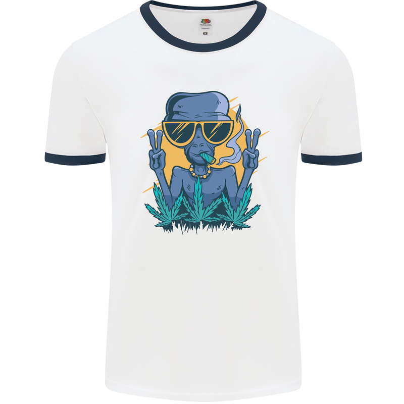 An Alien Smoking Weed Funny Drug Culture Mens White Ringer T-Shirt White/Navy Blue