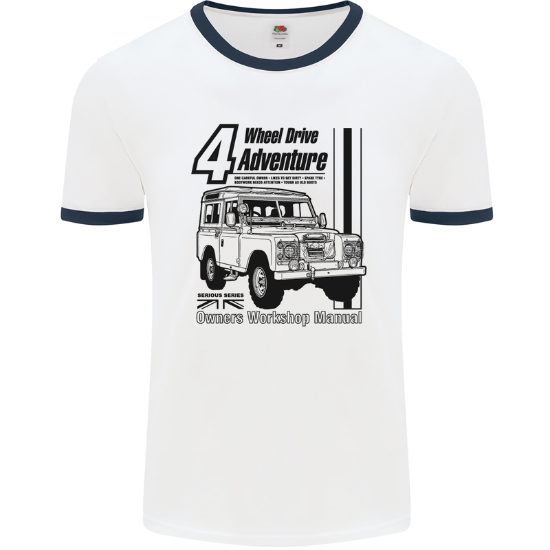 4 Wheel Drive Adventure 4X4 Off Road Mens White Ringer T-Shirt White/Navy Blue