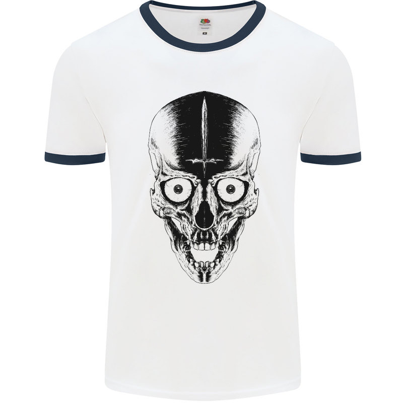 Skull With a Sword Gothic Heavy Metal Rock Mens White Ringer T-Shirt White/Navy Blue