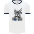 New York City Cat With Glasses Mens White Ringer T-Shirt White/Navy Blue