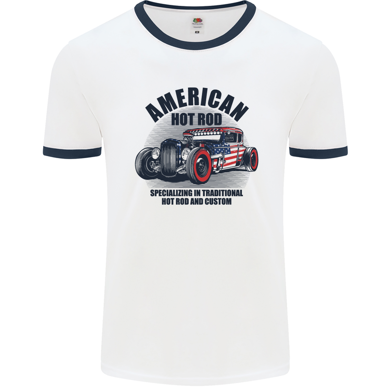 American Hot Rod Hotrod Enthusiast Car Mens White Ringer T-Shirt White/Navy Blue