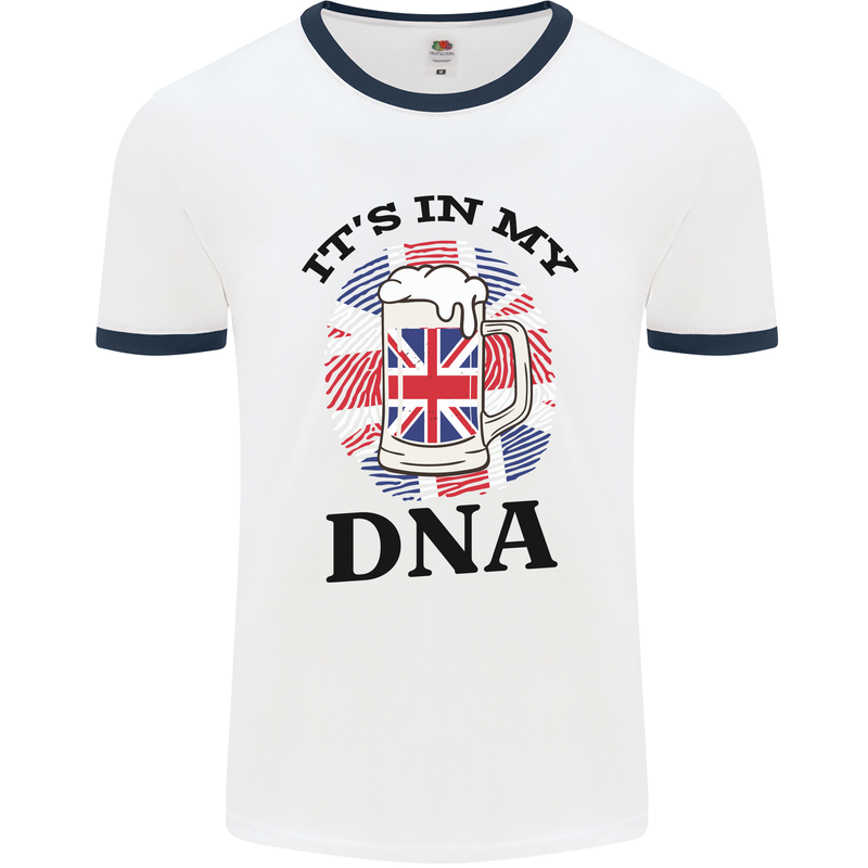 British Beer It's in My DNA Union Jack Flag Mens White Ringer T-Shirt White/Navy Blue