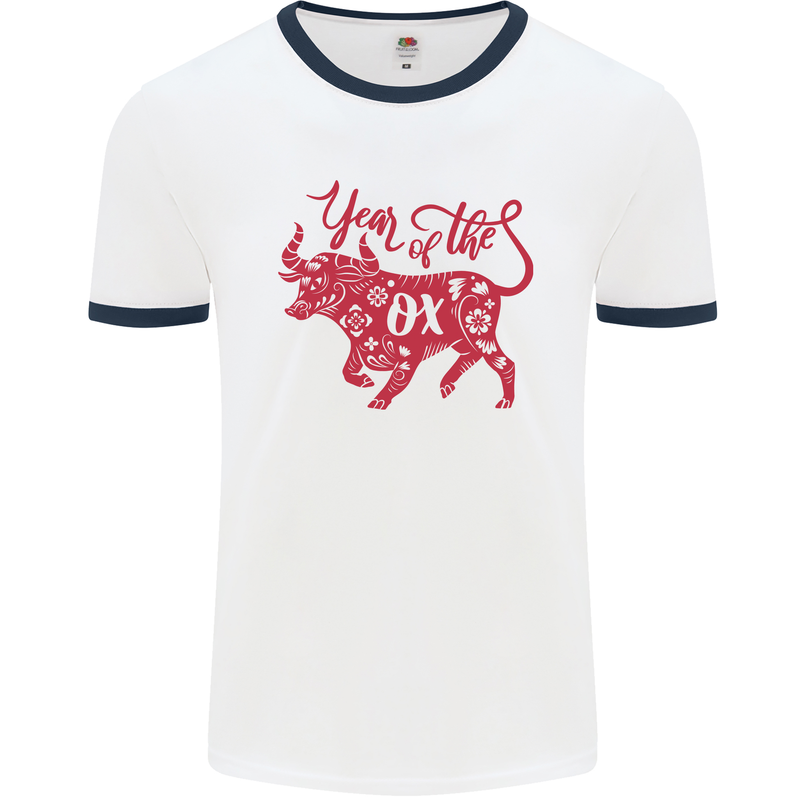 Chinese Zodiac Shengxiao Year of the Ox Mens White Ringer T-Shirt White/Navy Blue