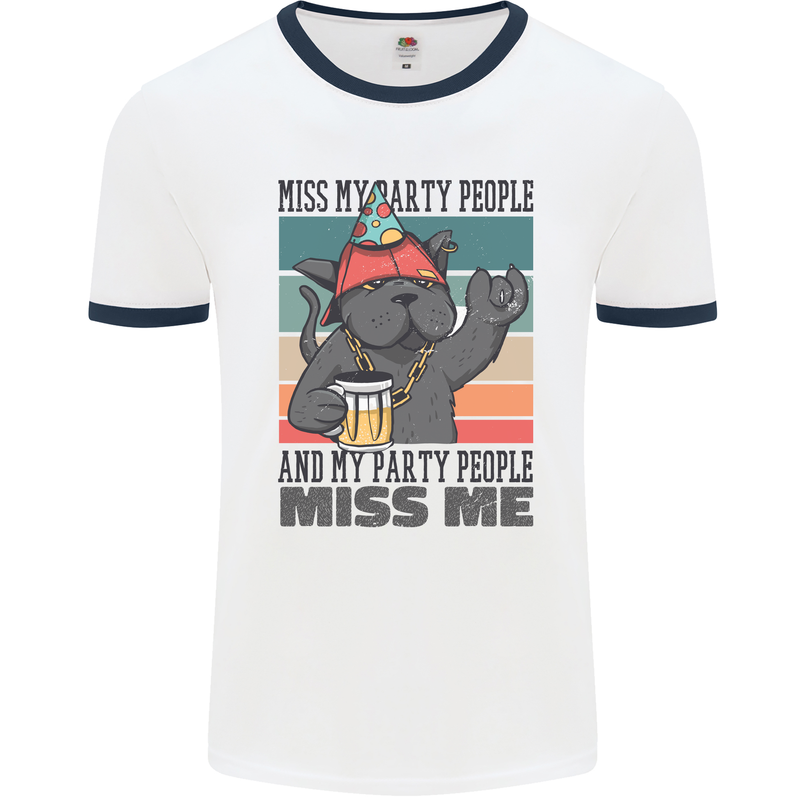 Funny Cat Miss My Party People Alcohol Beer Mens White Ringer T-Shirt White/Navy Blue