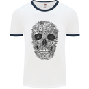 A Skull Made of Flowers Gothic Rock Biker Mens White Ringer T-Shirt White/Navy Blue