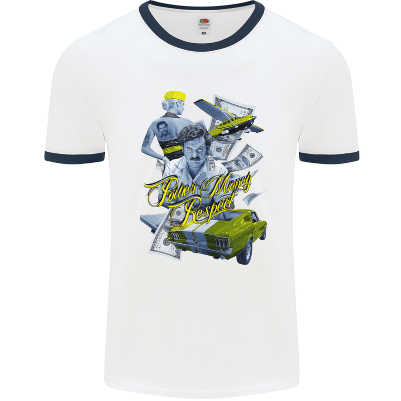 Pablo Escobar Power Money Respect Mens White Ringer T-Shirt White/Navy Blue