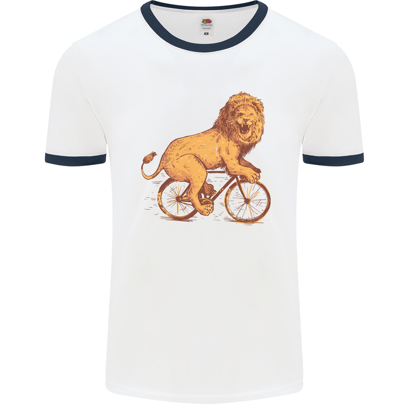 Cycling A Lion Riding a Bicycle Mens White Ringer T-Shirt White/Navy Blue