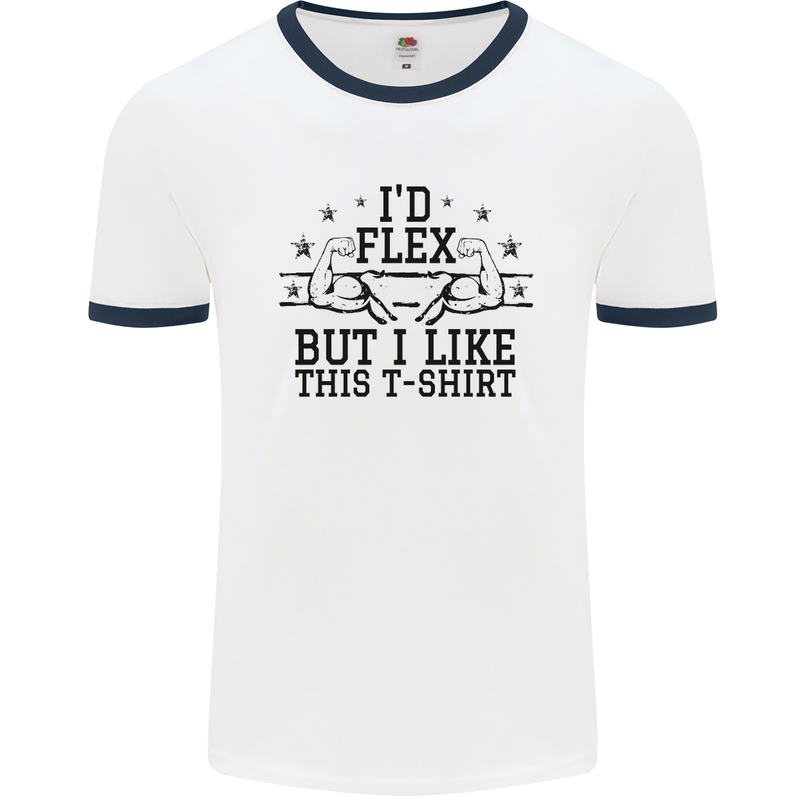 Gym I'd Flex but I Like This Funny Mens White Ringer T-Shirt White/Navy Blue