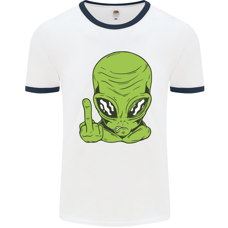 Angry Alien Finger Flip Funny Offensive Mens White Ringer T-Shirt White/Navy Blue