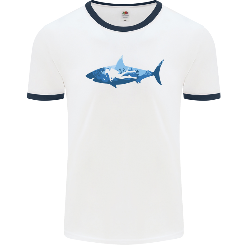 Great White Shark Scuba Diver Diving Mens White Ringer T-Shirt White/Navy Blue