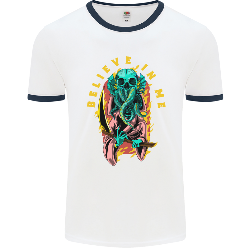 Cthulhu Believe in Me Octopus Kraken Skull Mens White Ringer T-Shirt White/Navy Blue