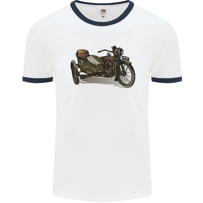 Motorcycle and Sidecar Biker Motorbike Mens White Ringer T-Shirt White/Navy Blue