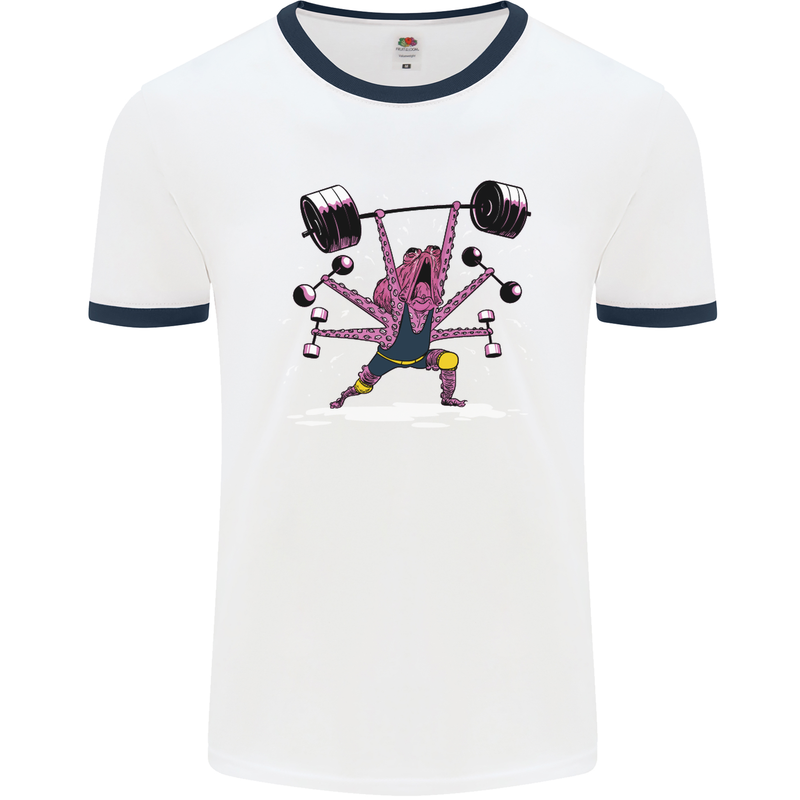 Octopus Gym Training Top Bodybuilding Mens White Ringer T-Shirt White/Navy Blue