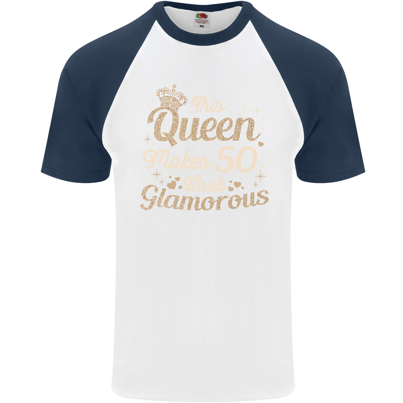 50th Birthday Queen Fifty Years Old 50 Mens S/S Baseball T-Shirt White/Navy Blue